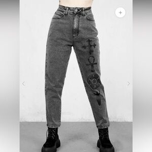 Disturbia Washed Black Pagan Printed Symbols GothGrunge Punk Mythic Mom Jeans 26